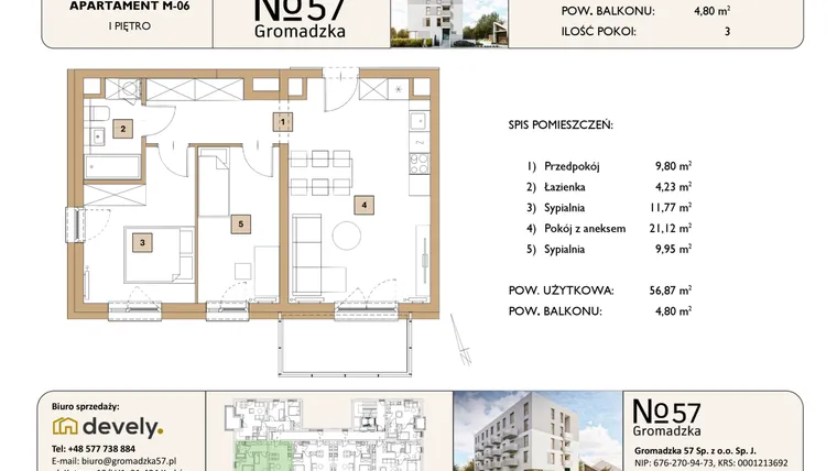 Rzut - Mieszkanie na sprzedaż 3 pokoje o powierzchni 56,87 m² - numer M-06 w Gromadzka 57