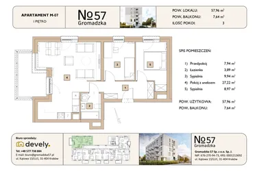 Rzut - Mieszkanie na sprzedaż 3 pokoje o powierzchni 57,96 m² - numer M-07 w Gromadzka 57