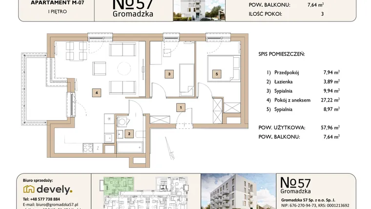 Rzut - Mieszkanie na sprzedaż 3 pokoje o powierzchni 57,96 m² - numer M-07 w Gromadzka 57