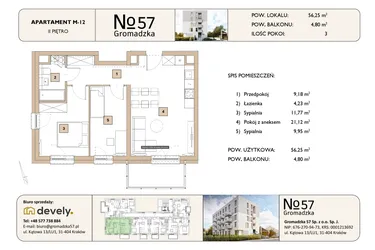 Rzut - Mieszkanie na sprzedaż 3 pokoje o powierzchni 56,25 m² - numer M-12 w Gromadzka 57