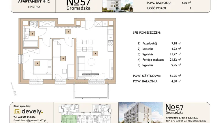 Rzut - Mieszkanie na sprzedaż 3 pokoje o powierzchni 56,25 m² - numer M-12 w Gromadzka 57