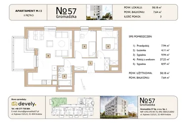 Rzut - Mieszkanie na sprzedaż 3 pokoje o powierzchni 58,18 m² - numer M-13 w Gromadzka 57