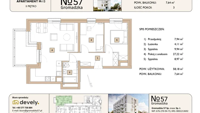 Rzut - Mieszkanie na sprzedaż 3 pokoje o powierzchni 58,18 m² - numer M-13 w Gromadzka 57