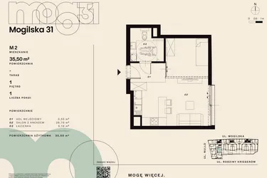 Rzut - Mieszkanie na sprzedaż 1 pokój o powierzchni 35,5 m² - numer M2 w Mogilska 31