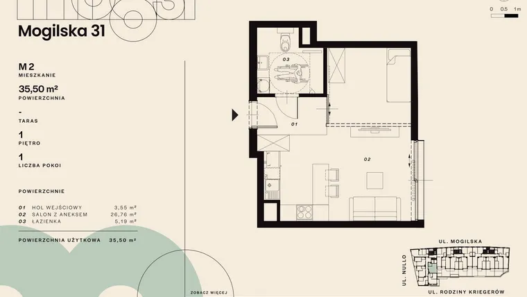 Rzut - Mieszkanie na sprzedaż 1 pokój o powierzchni 35,5 m² - numer M2 w Mogilska 31