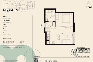 Rzut - Mieszkanie na sprzedaż 1 pokój o powierzchni 36,36 m² - numer M37 w Mogilska 31