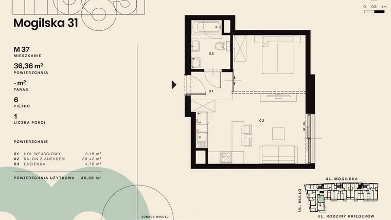 Rzut - Mieszkanie na sprzedaż 1 pokój o powierzchni 36,36 m² - numer M37 w Mogilska 31