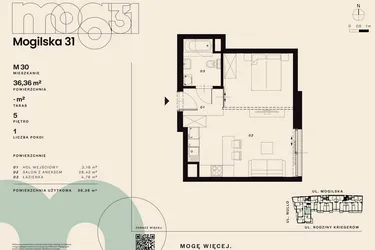 Rzut - Mieszkanie na sprzedaż 1 pokój o powierzchni 36,36 m² - numer M30 w Mogilska 31