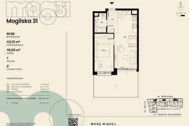 Rzut - Mieszkanie na sprzedaż 2 pokoje o powierzchni 42,31 m² - numer M66 w Mogilska 31