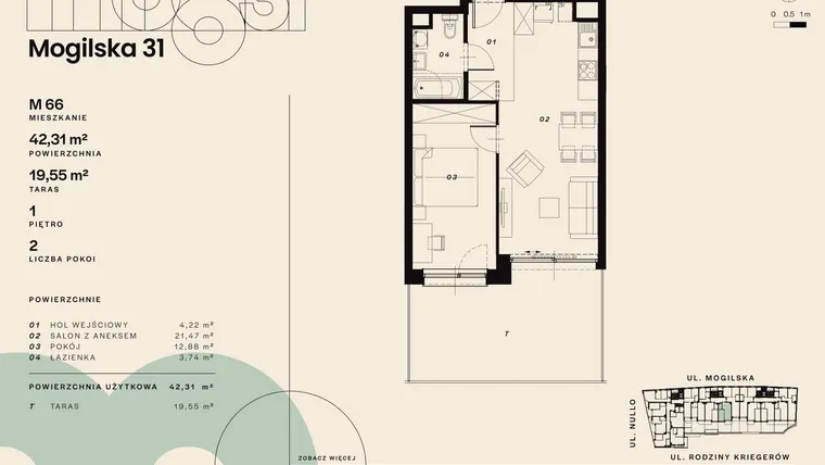 Rzut - Mieszkanie na sprzedaż 2 pokoje o powierzchni 42,31 m² - numer M66 w Mogilska 31