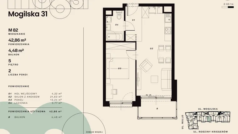 Rzut - Mieszkanie na sprzedaż 2 pokoje o powierzchni 42,86 m² - numer M82 w Mogilska 31