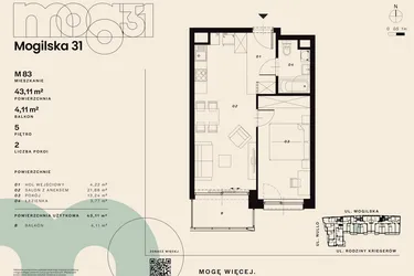 Rzut - Mieszkanie na sprzedaż 2 pokoje o powierzchni 43,11 m² - numer M83 w Mogilska 31