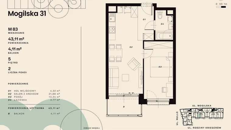Rzut - Mieszkanie na sprzedaż 2 pokoje o powierzchni 43,11 m² - numer M83 w Mogilska 31