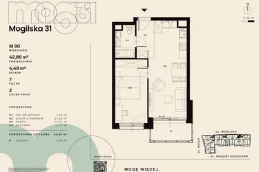 Rzut - Mieszkanie na sprzedaż 2 pokoje o powierzchni 42,86 m² - numer M90 w Mogilska 31