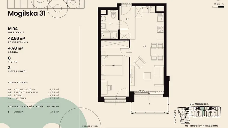 Rzut - Mieszkanie na sprzedaż 2 pokoje o powierzchni 42,86 m² - numer M94 w Mogilska 31