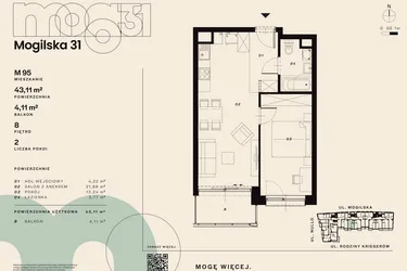Rzut - Mieszkanie na sprzedaż 2 pokoje o powierzchni 43,11 m² - numer M95 w Mogilska 31