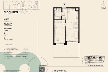 Rzut - Mieszkanie na sprzedaż 2 pokoje o powierzchni 42,88 m² - numer M103 w Mogilska 31