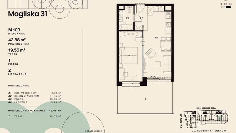 Rzut - Mieszkanie na sprzedaż 2 pokoje o powierzchni 42,88 m² - numer M103 w Mogilska 31