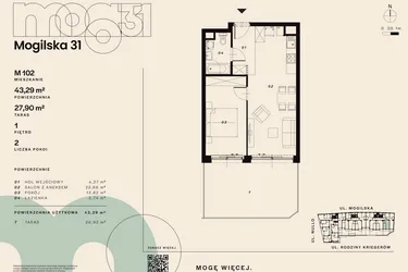 Rzut - Mieszkanie na sprzedaż 2 pokoje o powierzchni 43,29 m² - numer M102 w Mogilska 31