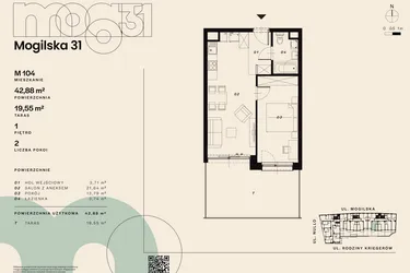 Rzut - Mieszkanie na sprzedaż 2 pokoje o powierzchni 42,88 m² - numer M104 w Mogilska 31