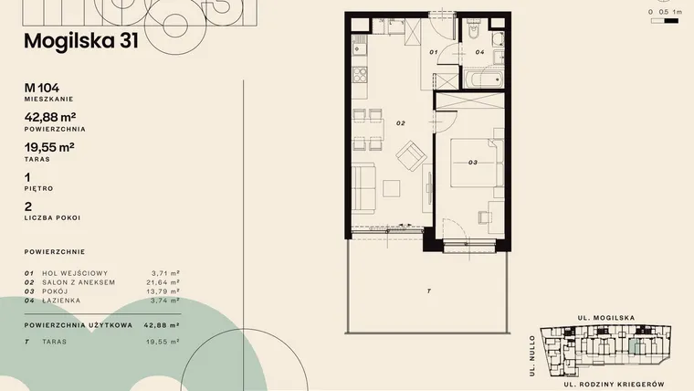 Rzut - Mieszkanie na sprzedaż 2 pokoje o powierzchni 42,88 m² - numer M104 w Mogilska 31