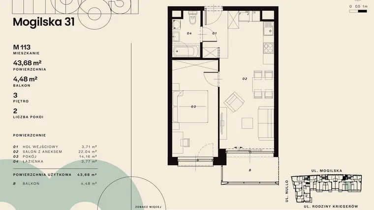 Rzut - Mieszkanie na sprzedaż 2 pokoje o powierzchni 43,68 m² - numer M113 w Mogilska 31