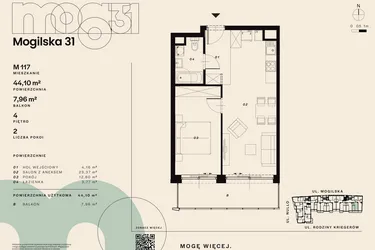 Rzut - Mieszkanie na sprzedaż 2 pokoje o powierzchni 44,1 m² - numer M117 w Mogilska 31
