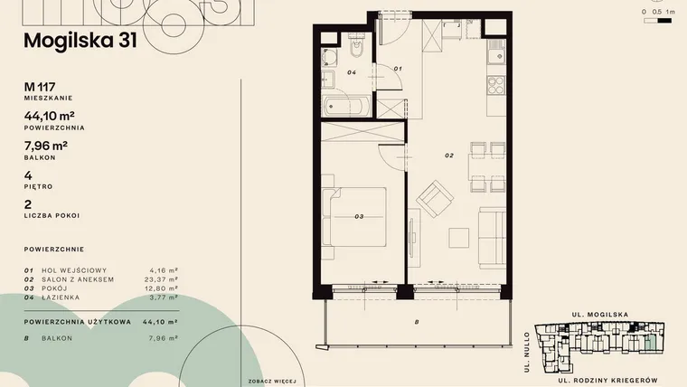 Rzut - Mieszkanie na sprzedaż 2 pokoje o powierzchni 44,1 m² - numer M117 w Mogilska 31