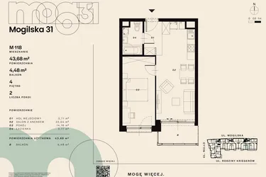 Rzut - Mieszkanie na sprzedaż 2 pokoje o powierzchni 43,68 m² - numer M118 w Mogilska 31