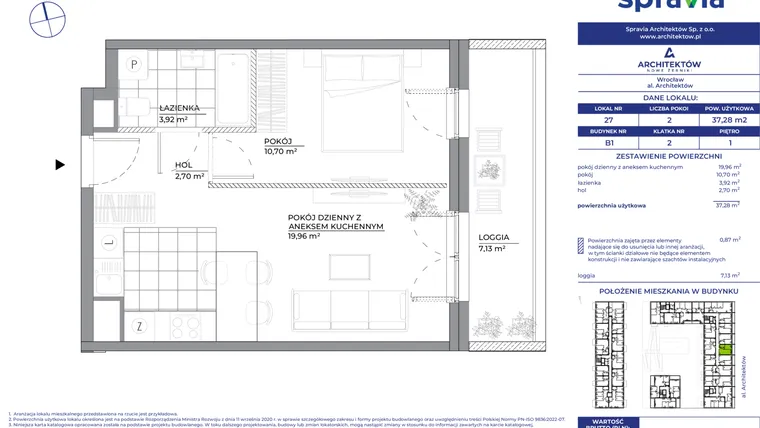 Rzut - Mieszkanie na sprzedaż 2 pokoje o powierzchni 37,28 m² - numer B1_27 w Architektów