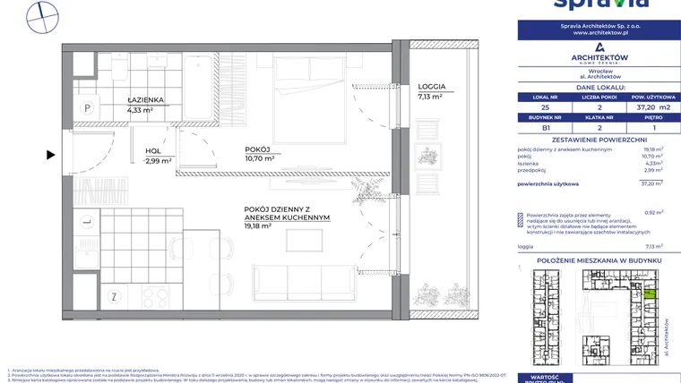 Rzut - Mieszkanie na sprzedaż 2 pokoje o powierzchni 37,2 m² - numer B1_25 w Architektów