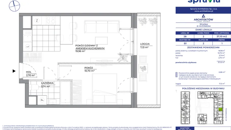 Rzut - Mieszkanie na sprzedaż 2 pokoje o powierzchni 37,1 m² - numer B1_28 w Architektów