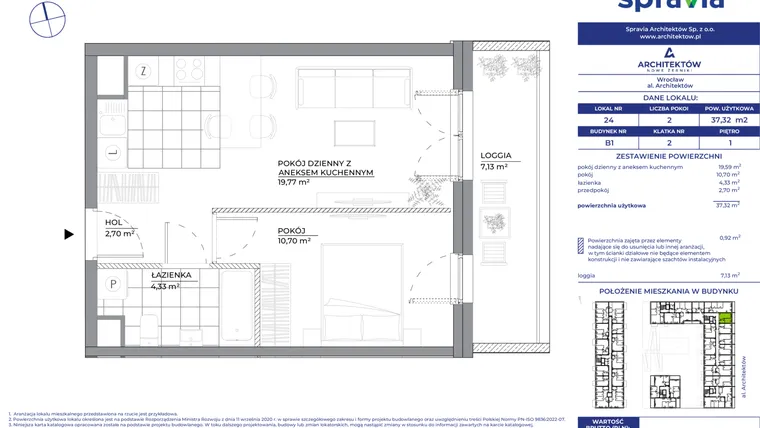 Rzut - Mieszkanie na sprzedaż 2 pokoje o powierzchni 37,32 m² - numer B1_24 w Architektów