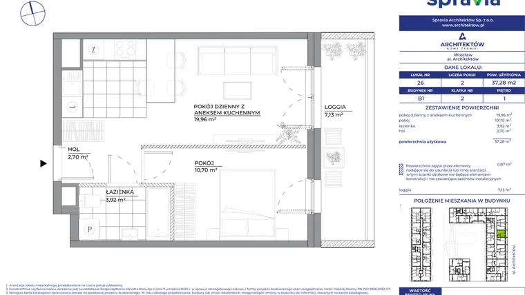 Rzut - Mieszkanie na sprzedaż 2 pokoje o powierzchni 37,28 m² - numer B1_26 w Architektów