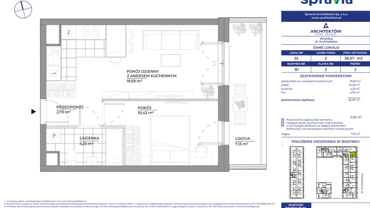 Rzut - Mieszkanie na sprzedaż 2 pokoje o powierzchni 36,97 m² - numer B1_35 w Architektów