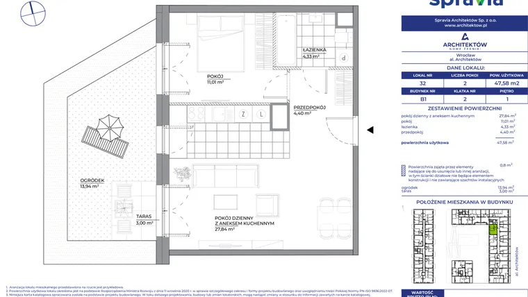 Rzut - Mieszkanie na sprzedaż 2 pokoje o powierzchni 47,58 m² - numer B1_32 w Architektów