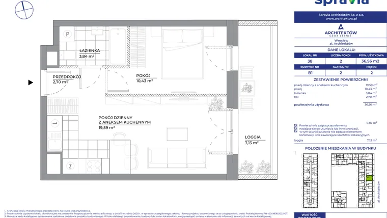 Rzut - Mieszkanie na sprzedaż 2 pokoje o powierzchni 36,56 m² - numer B1_38 w Architektów