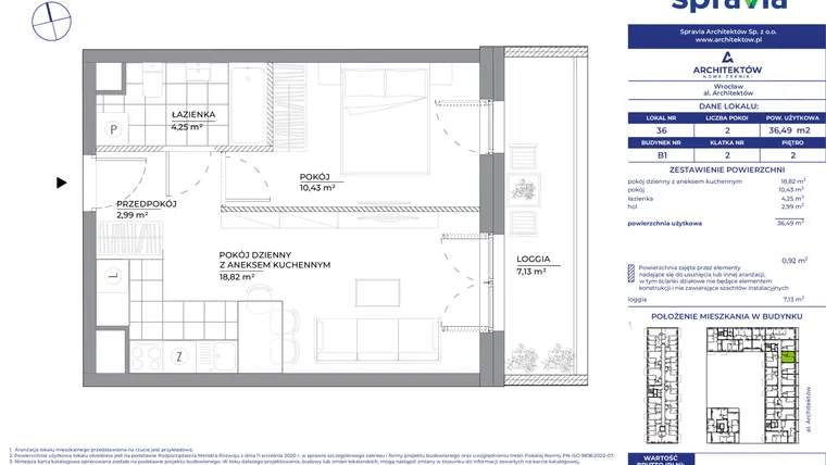 Rzut - Mieszkanie na sprzedaż 2 pokoje o powierzchni 36,49 m² - numer B1_36 w Architektów
