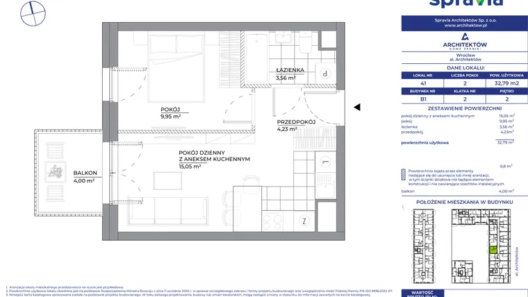 Rzut - Mieszkanie na sprzedaż 2 pokoje o powierzchni 32,79 m² - numer B1_41 w Architektów
