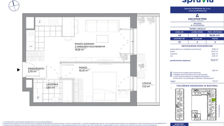 Rzut - Mieszkanie na sprzedaż 2 pokoje o powierzchni 36,56 m² - numer B1_48 w Architektów