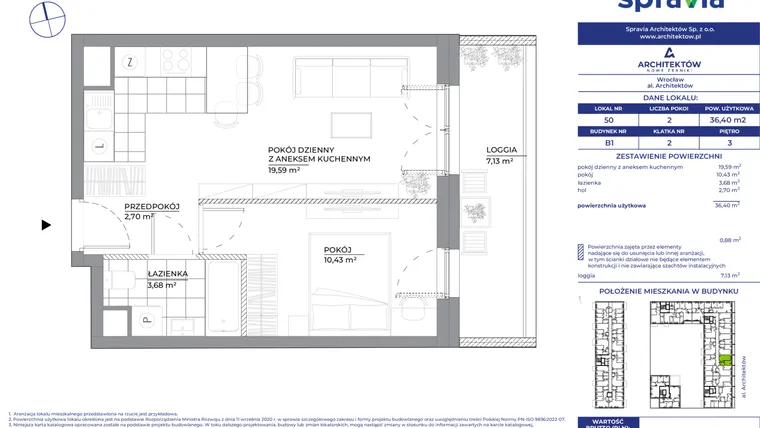 Rzut - Mieszkanie na sprzedaż 2 pokoje o powierzchni 36,4 m² - numer B1_50 w Architektów