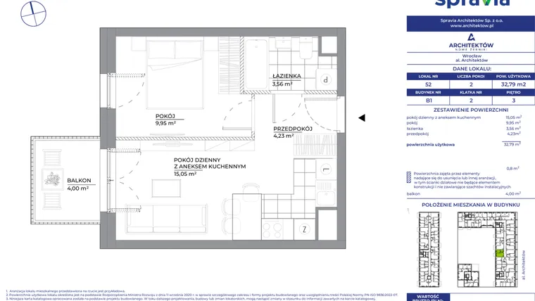 Rzut - Mieszkanie na sprzedaż 2 pokoje o powierzchni 32,79 m² - numer B1_52 w Architektów