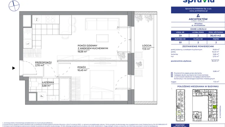 Rzut - Mieszkanie na sprzedaż 2 pokoje o powierzchni 36,4 m² - numer B1_39 w Architektów