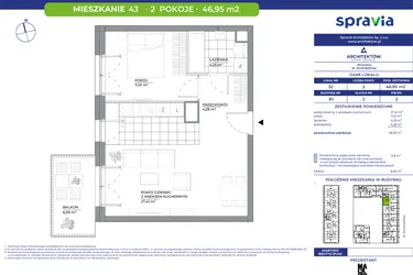 Rzut - Mieszkanie na sprzedaż 2 pokoje o powierzchni 46,95 m² - numer B1_43 w Architektów