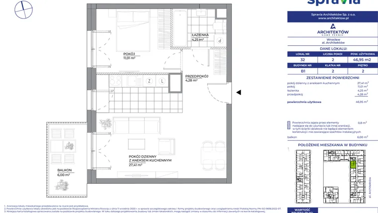 Rzut - Mieszkanie na sprzedaż 2 pokoje o powierzchni 46,95 m² - numer B1_43 w Architektów