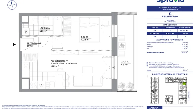 Rzut - Mieszkanie na sprzedaż 2 pokoje o powierzchni 36,49 m² - numer B1_47 w Architektów