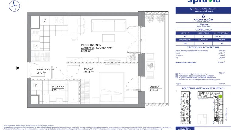 Rzut - Mieszkanie na sprzedaż 2 pokoje o powierzchni 36,97 m² - numer B1_57 w Architektów