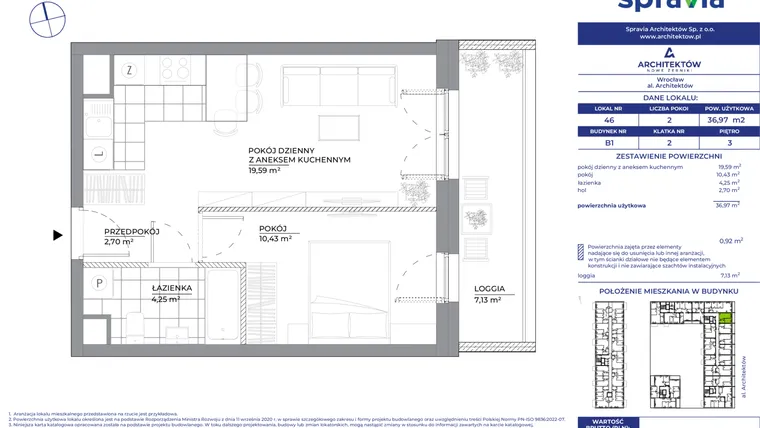 Rzut - Mieszkanie na sprzedaż 2 pokoje o powierzchni 36,97 m² - numer B1_46 w Architektów