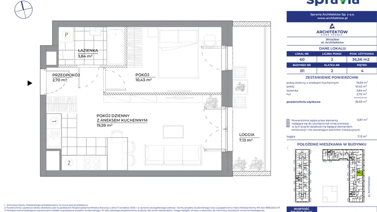 Rzut - Mieszkanie na sprzedaż 2 pokoje o powierzchni 36,56 m² - numer B1_60 w Architektów