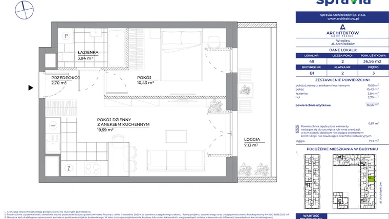 Rzut - Mieszkanie na sprzedaż 2 pokoje o powierzchni 36,56 m² - numer B1_49 w Architektów